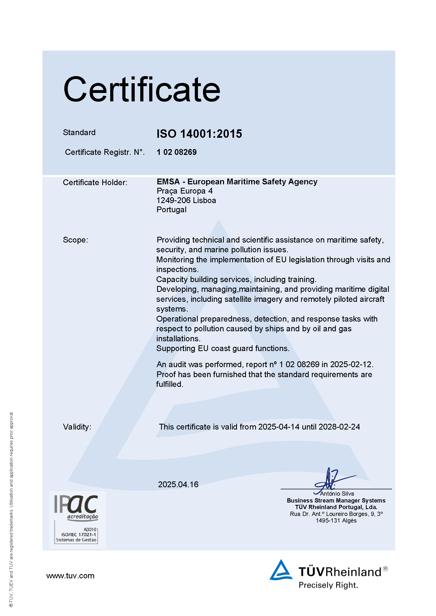 Certificado ISO 14001 EMSA 2025 EN
